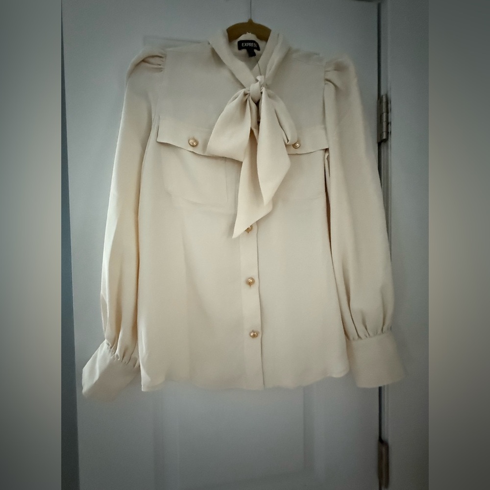 Express Cream Tie Front Bib Collar Blouse